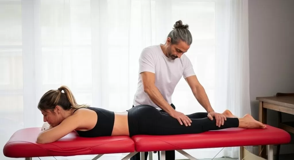 Physical therapist helping patient relieve sciatica discomfort